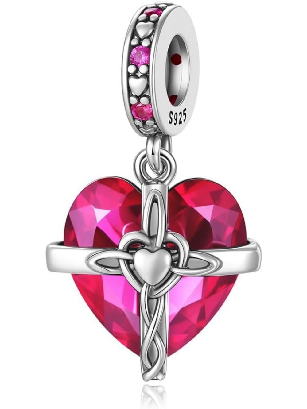 Women's Red 925 Sterling Silver Cross Charms Dangle Beads Heart Birthstone